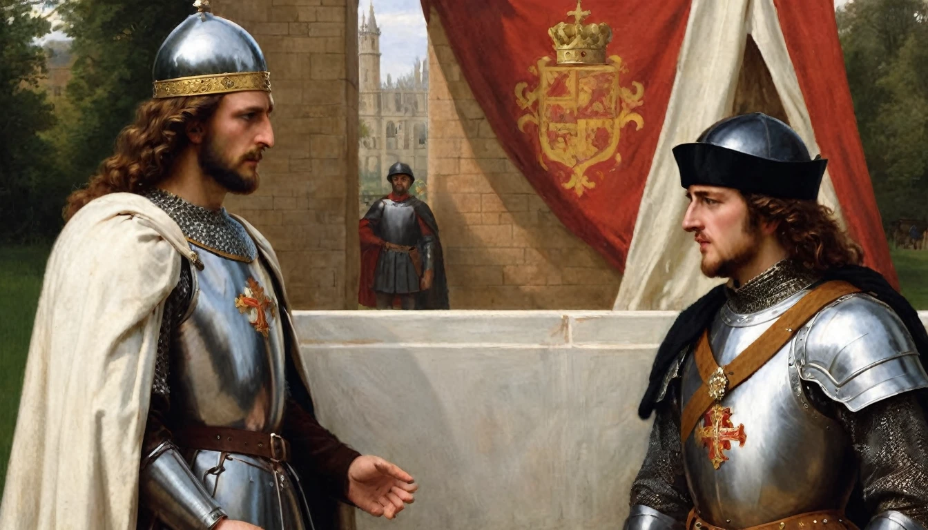 Contrasting images of Edward III of England and Philip VI of France facing each other, set against a backdrop symbolizing the dynastic tension and rivalry between them. The background features elements of medieval European power, such as banners, shields, and a shadowy battlefield, all rendered in the style of Edmund Blair Leighton. The two monarchs are depicted in regal attire, with expressions of determination and conflict, capturing the essence of their rivalry through Leighton's detailed and emotive style., Surrealism, Hyperrealism, UHD, retina, masterpiece, accurate, anatomically correct, textured skin, super detail, high quality, award winning, 16k