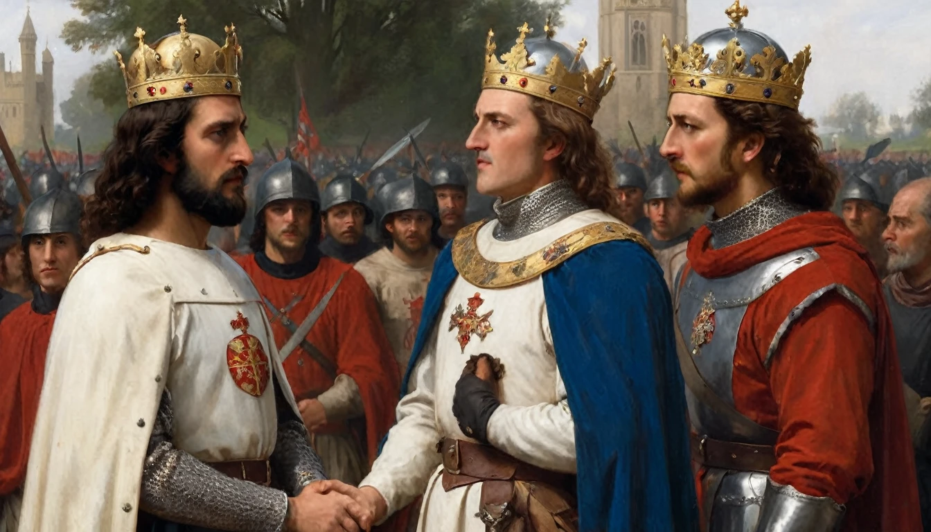 Contrasting images of Edward III of England and Philip VI of France facing each other, set against a backdrop symbolizing the dynastic tension and rivalry between them. The background features elements of medieval European power, such as banners, shields, and a shadowy battlefield, all rendered in the style of Edmund Blair Leighton. The two monarchs are depicted in regal attire, with expressions of determination and conflict, capturing the essence of their rivalry through Leighton's detailed and emotive style., Surrealism, Hyperrealism, UHD, retina, masterpiece, accurate, anatomically correct, textured skin, super detail, high quality, award winning, 16k