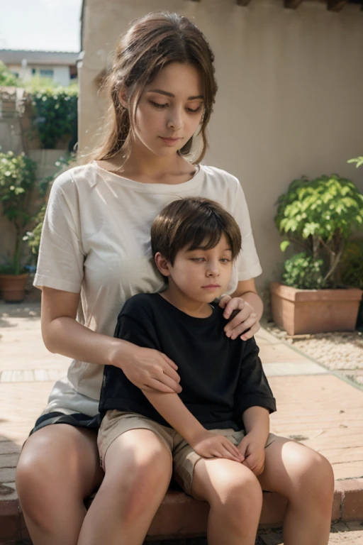 A young boy sitting on his mother's lap in a school, realistic, hyper detailed, high quality, intricate details, masterpiece, photorealistic, extremely detailed face and eyes, beautiful detailed lips, long eyelashes, tender expression, warm lighting, soft colors, intimate embrace, outdoor scene, plush bedding, sunlight filtering through windows, main focus mother and son, 1 woman has big thighs, mother and son's close relationship, where's the young boy at?, younger brother, shorts, black white skirt