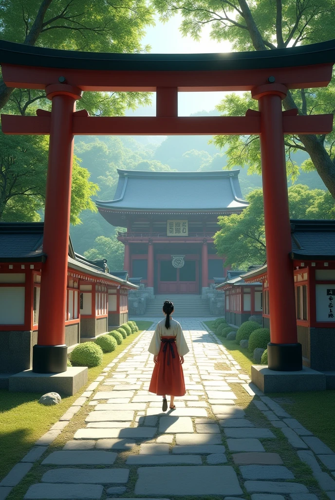Create a photorealistic scene of a young Muromachi-era woman in a simple kosode, walking along a stone path through a Shinto shrine. The path leads diagonally into the scene, with a large torii gate in the foreground. Beyond the torii, the main shrine building is visible, slightly shadowed but illuminated by soft morning light. The atmosphere is peaceful, with dappled sunlight filtering through the trees. The woman walks alone, her figure framed by the traditional architecture and nature, evoking a sense of calm and reverence."