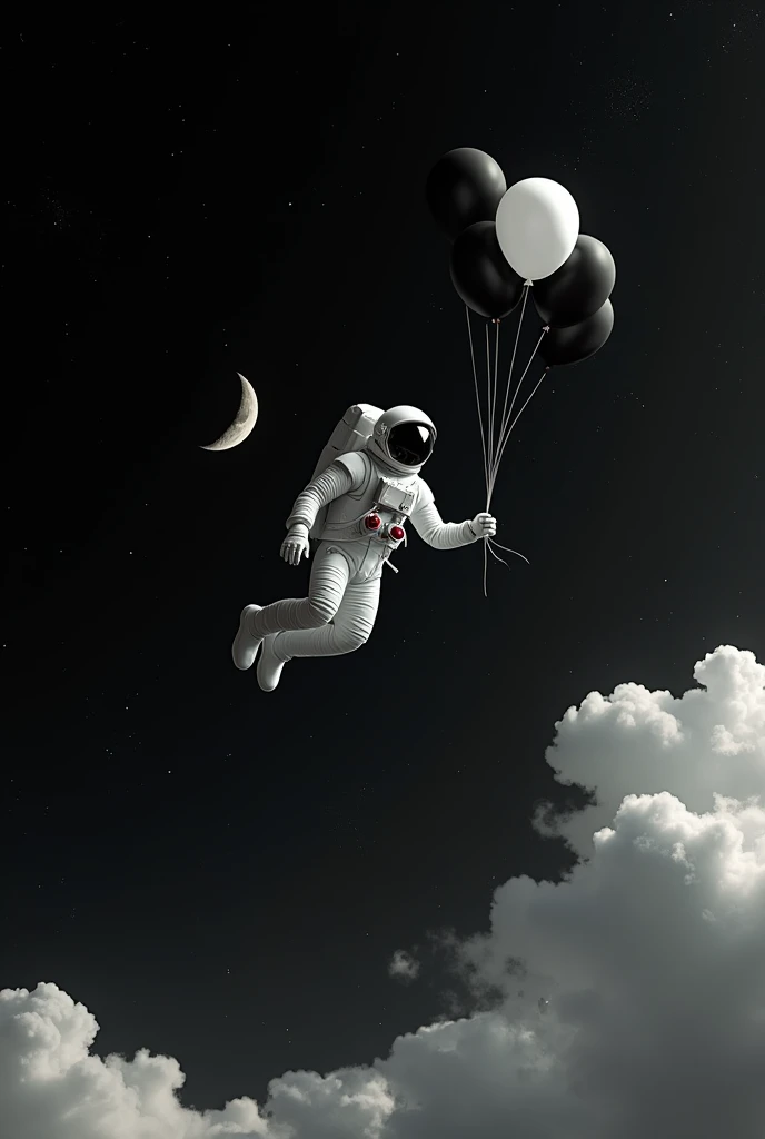 astronaut in space floating is space with black and white balloons in his hand, there are stars behind him in background, and there is moon beneath him. there are also space clouds