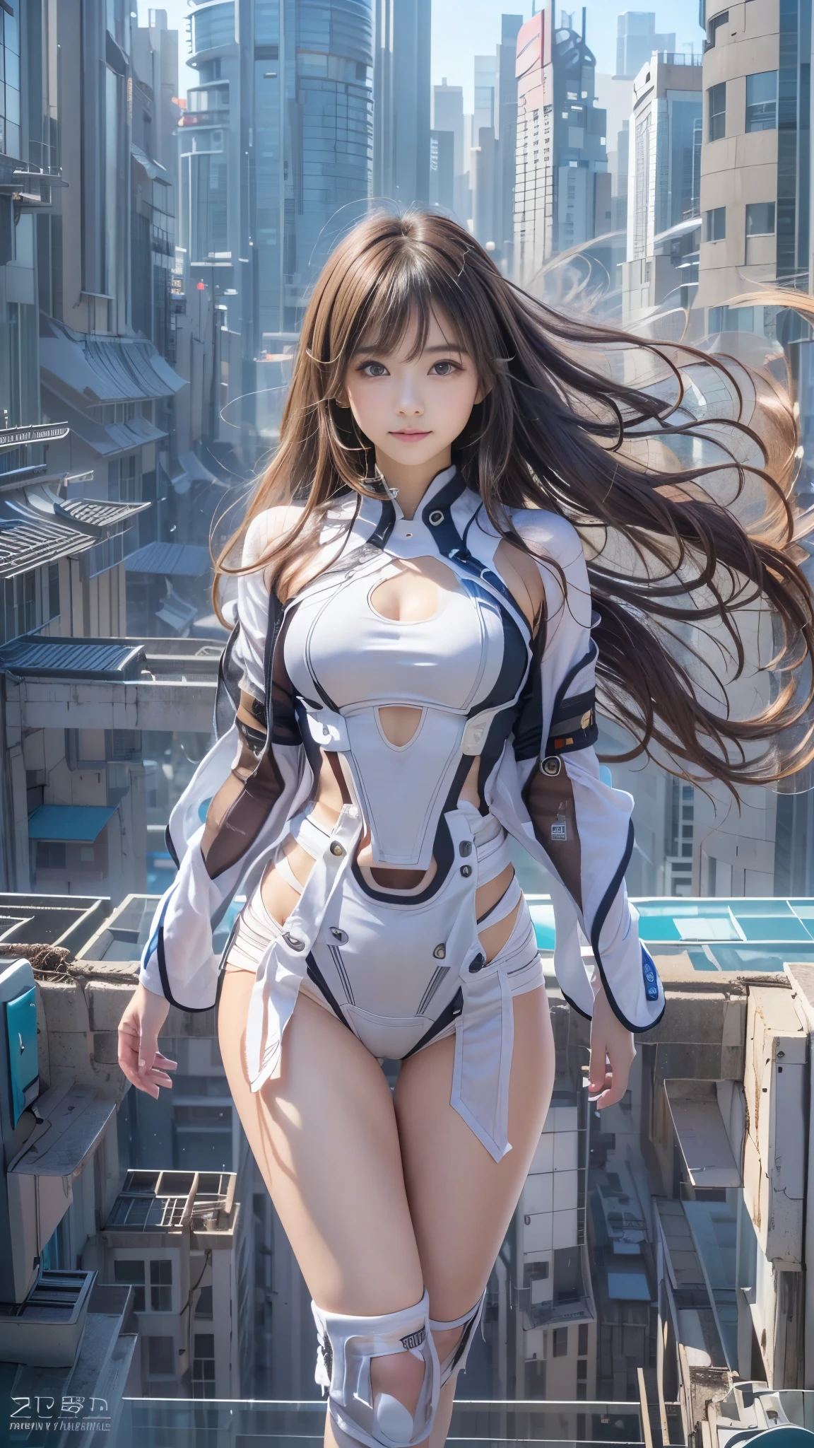 (((A pure and cute beautiful girl stands in a futuristic city:1.2))), (((Upper body portrait))), Beautiful straight hair, Short brown hair, Immersion, (Beautiful symmetrical eyes), (Thin thighs:1.2, Beautiful feet:1.2), Slender body line, ((Tight waist:1.2)), (Japanese Idols, *********:1.3, high school girl, teenage), (Perfect Anatomy:1.3), Moisturizing lips, Beautiful breasts, (Highest quality、Highest quality、Masterpiece、Ultra high definition、Reality:1.37), (Detailed eyes and face:1.3、Professional photography techniques)、((Hair blowing in the wind:1.3)), (((Cute tops, Futuristic fashion)))