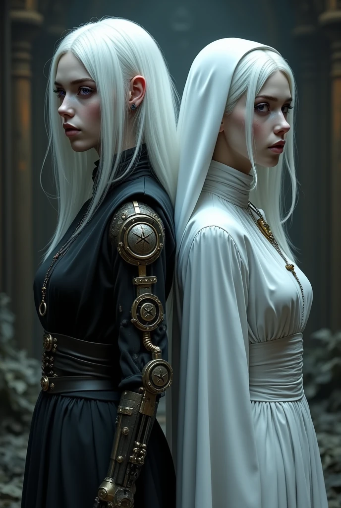  Middle Ages Albino, with dark alchemist clothes, White hair, violet eyes with a pentagram and a steampunk prosthesis on the left arm, with her back against the back of her twin sister dressed in white nun&#39;s clothes with a cross around her neck.