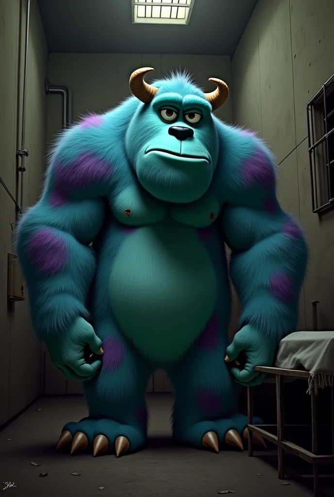 Generate me a profile picture, that is from James P. Sullivan from Monster Inc in a prison.
