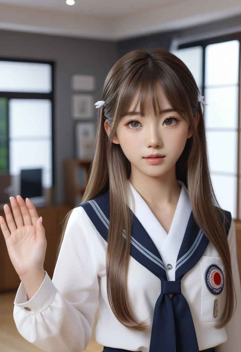 8k, raw photo, best quality, masterpiece, realistic, photo realistic, clear, professional lighting, beautiful face, best quality,ultra high res, realistic japanese, Super detailed, detailed fingers, 1girl, shiny hair, detailed hair, modern living room,standing, full body, school uniform,
