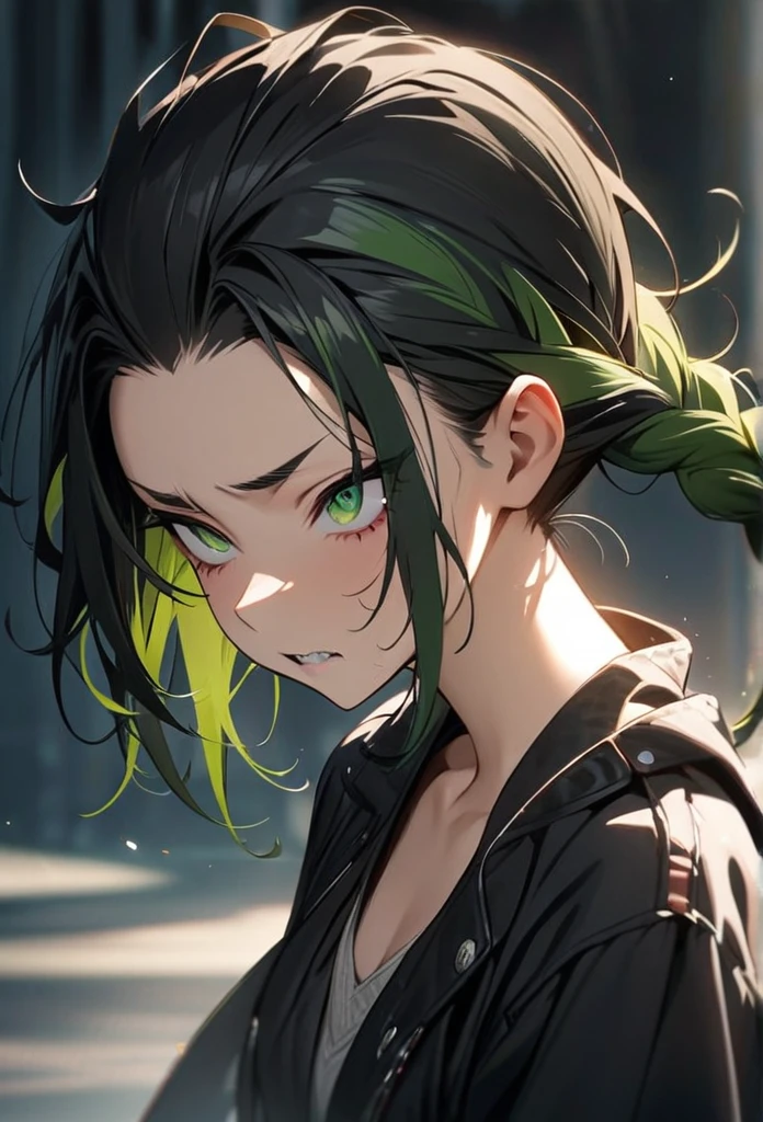 Solo, 1girl, black hair, green hair, multicolored hair, green eyes, (((high quality))), masterpiece, detailed face, sharp eyes, strict face, Hair Pulled Back, Multiple Braids, Bangs, messy hair