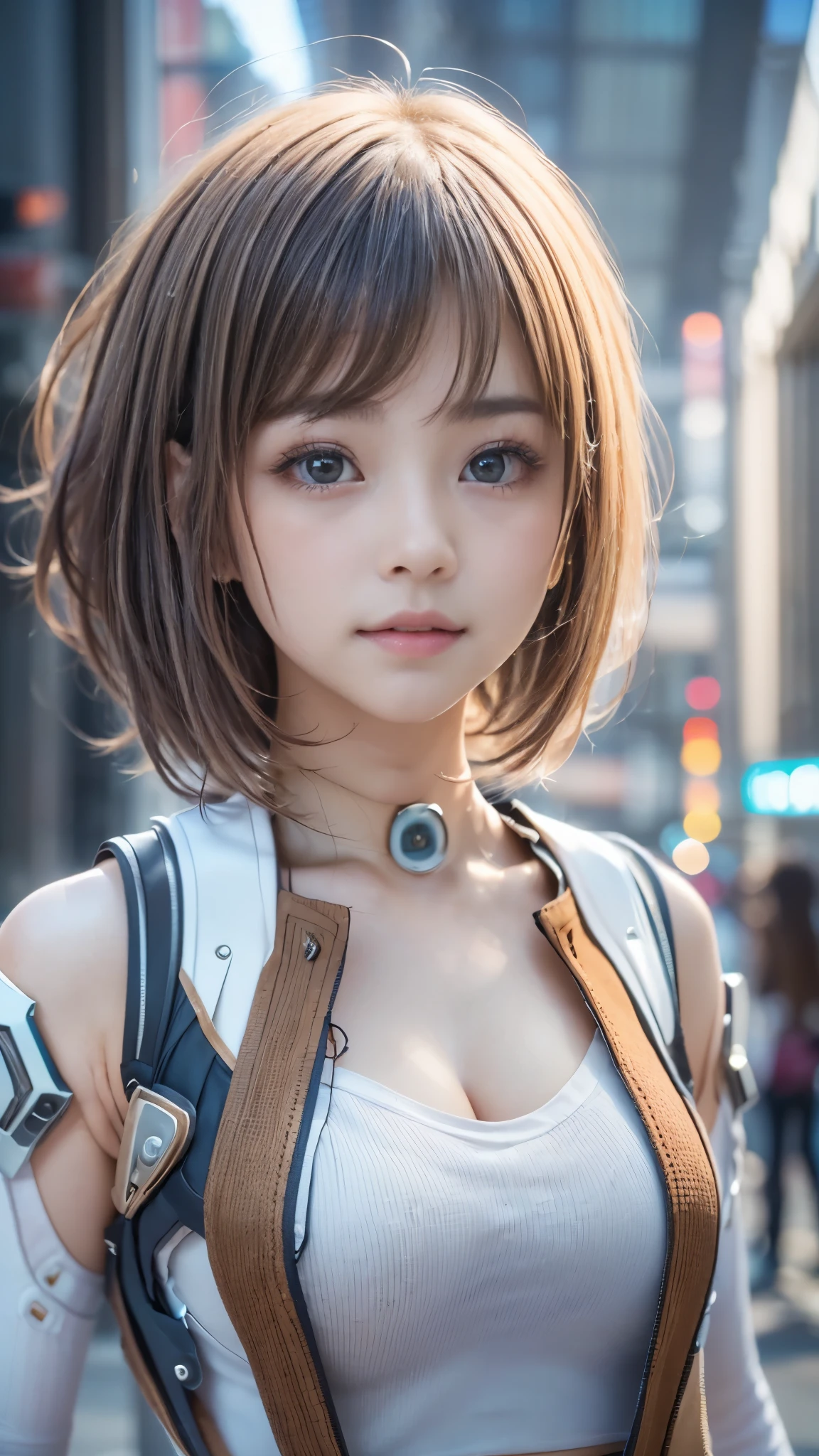 (((A pure and cute beautiful girl stands in a futuristic city:1.2))), (((Upper body portrait))), Beautiful straight hair, Short brown hair, Immersion, (Beautiful symmetrical eyes), (Thin thighs:1.2, Beautiful feet:1.2), Slender body line, ((Tight waist:1.2)), (Japanese Idols, Baby Face:1.3, high school girl, teenage), (Perfect Anatomy:1.3), Moisturizing lips, Beautiful breasts, (Highest quality、Highest quality、Masterpiece、Ultra high definition、Reality:1.37), (Detailed eyes and face:1.3、Professional photography techniques)、((Hair blowing in the wind:1.3)), (((Cute tops, Futuristic fashion)))