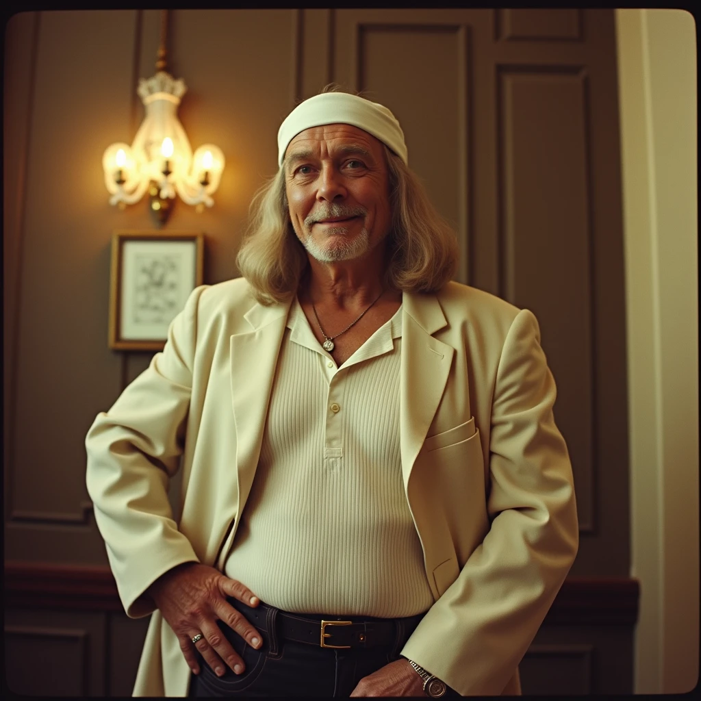 vintage photography of a burly old man as a ((celestial musician)) with ((long bob haircut)) wearing (vintage clothes),dressed in white headband,white ribbed top,black undergarment,light-colored jacket,indoor setting,blurred surroundings,facing camera,slight smile,hand on hip,eye-level shot,off-center framing,soft lighting,at a hotel,Warm color palette,extremely intricate details,Split-Complementary color palette,(low view:1.3),shot on Kodak PIXPRO AZ901 with Built-in 4.3-258mm f-2.9-6.7,photo by Lillian Bassman