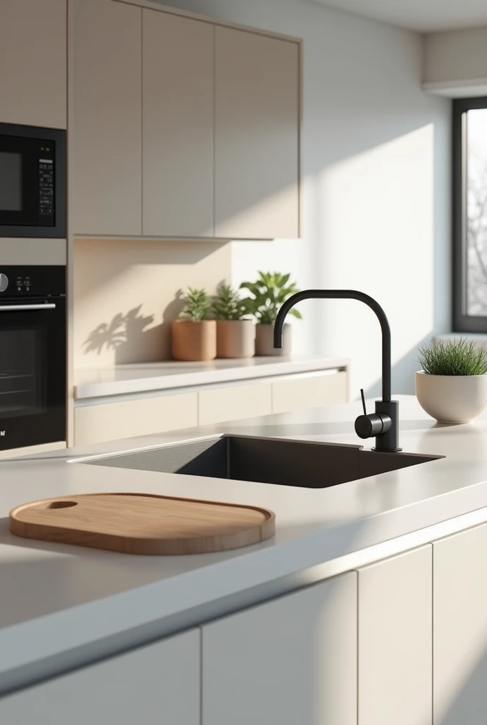 Create a photo of a modern kitchen with emphasis on the sink with no people inside , Create another