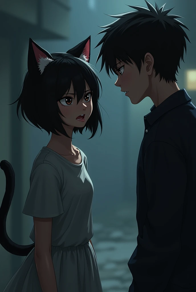 A black-haired girl with cat ears on her head is upset and angry at a guy.