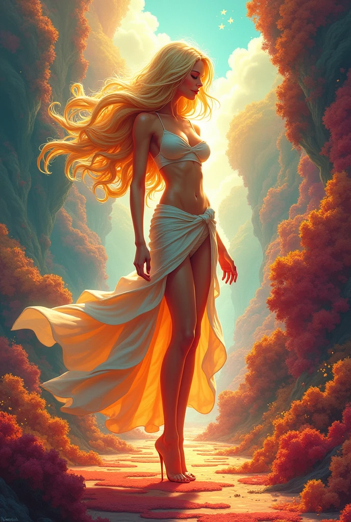 A vibrant scene unfolds with a striking 2 blond woman at its center, her figure exuding confidence and grace. She stands tall, her silhouette a harmonious blend of perfect anatomy, accentuated by the delicate curves of her exposed chest, which catch the light in a soft, radiant glow. Her hair cascades around her shoulders in dynamic waves, each strand alive with color, swirling like a tempest of hues that dance against the backdrop. Surrounding her is an explosion of bold colors and intricate patterns, reminiscent of a fantastical dreamscape. The environment pulses with energy, featuring abstract shapes and swirling motifs that seem to echo her vibrant spirit. Shadows play across the ground, casting intriguing silhouettes that enhance the depth of the composition. Illumination bathes the scene in a warm, ethereal light, creating a striking contrast against the vivid colors. The materials in the artwork appear almost tangible, with textures that invite the viewer to reach out and touch the flowing fabric of her attire and the shimmering surface of her skin. The perspective draws the eye inward, inviting admiration of her poised stance while simultaneously revealing the intricate details of the surrounding chaos. Each element harmonizes to create a captivating tableau that celebrates both strength and beauty in a whimsical, comic-inspired style.