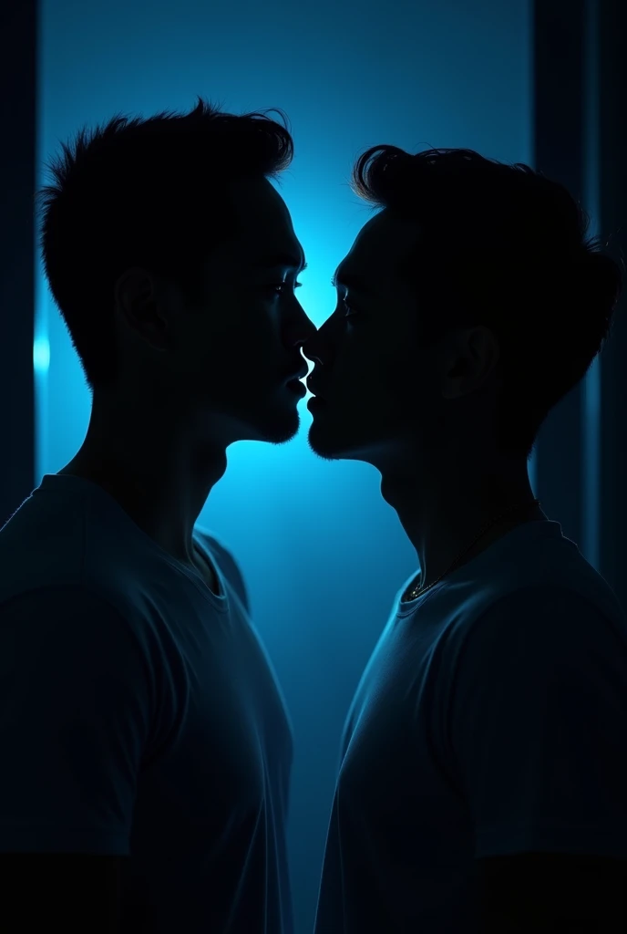 Deux hommes coréen entrain de se regarder et visage proche dans le noir en voyant seulement la silhouette dans le noir. Un homme filipin un peu gros avec des grosses lèvre avec un air innocent et l’autre homme d’affaire dans le noir complet deux hommes dans le noir avec une lumière bleu derriere romantique avec des tshirts