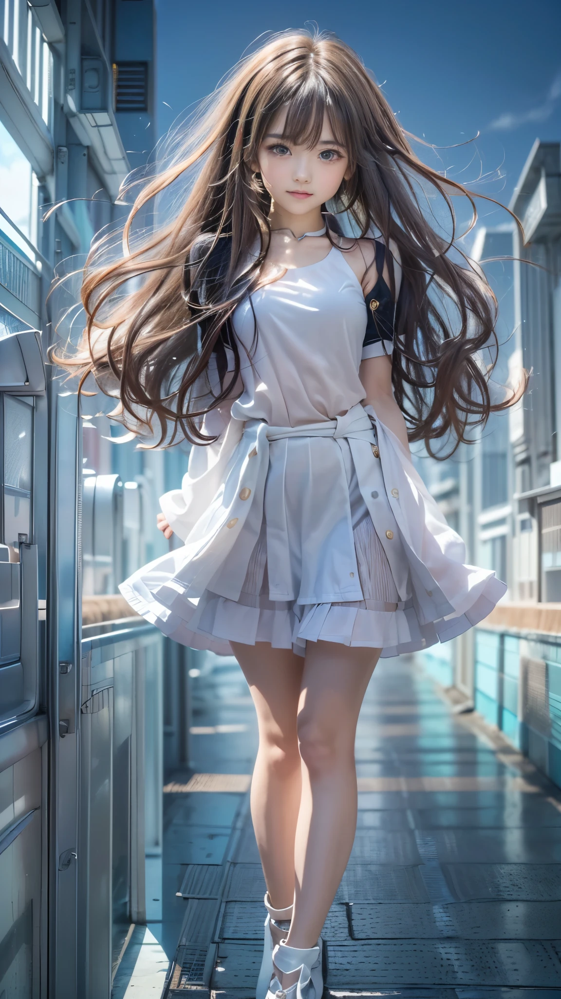 (((A pure and cute beautiful girl stands in a futuristic city:1.2))), (((Upper body portrait))), Beautiful straight hair, Short brown hair, Immersion, (Beautiful symmetrical eyes), (Thin thighs:1.2, Beautiful feet:1.2), Slender body line, ((Tight waist:1.2)), (Japanese Idols, Baby Face:1.3, high school girl, age), (Perfect Anatomy:1.3), Moisturizing lips, Beautiful breasts, (Highest quality、Highest quality、Masterpiece、Ultra high definition、Reality:1.37), (Detailed eyes and face:1.3、Professional photography techniques)、((Hair blowing in the wind:1.3)), (((Cute tops, Futuristic fashion)))