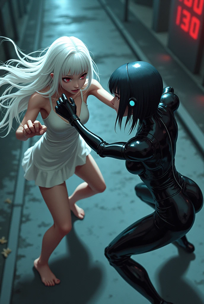 The image is anime style Darker than black with shadows and dim lights, anime style although somewhat adult and dark, It shows a scene of the roads of a city. In the image, an albino with long white hair and red eyes is fighting., who wears a short white dress and has bare feet, against a female android who has short black hair and a latex suit and one blue eye and the other brown. They fight bare-knuckle on the road. They are in combat stances. The image is focused from above, so you can barely see the fighters in question. Only they are in the picture. They are hitting each other very hard