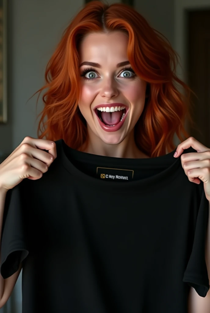 fucks a model with a black t-shirt holding the t-shirt , she smiling redhead woman, image to later add a brand to the shirt, woman with a shocked but happy face
