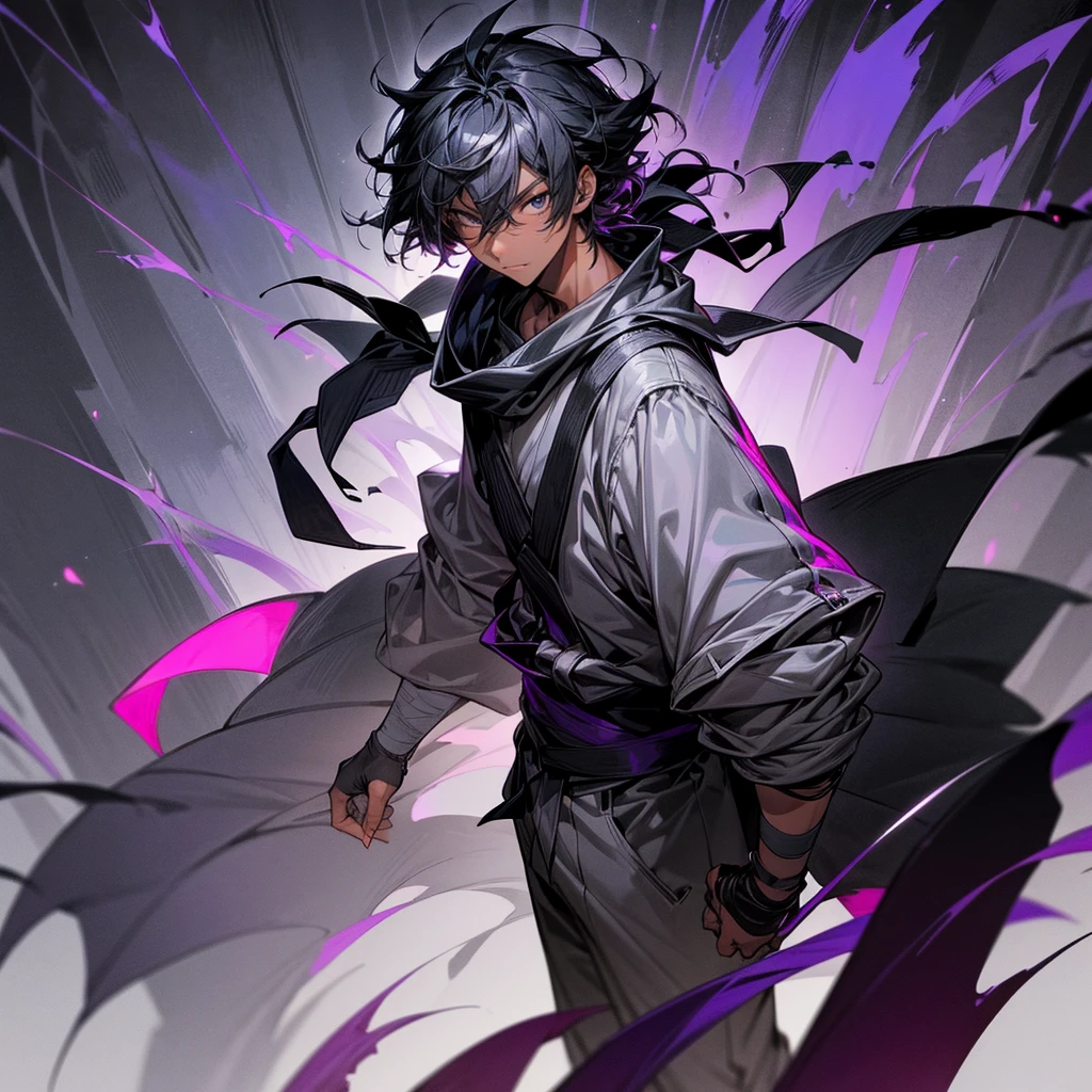 1male, adult male, finely detailed black eyes, black hair, medium length hair, darkskin, black bandages on arms, purple gloves, black and purple yukata, grey sweatshirt, serious experssion, night time, dark forest, standing on path, black armband