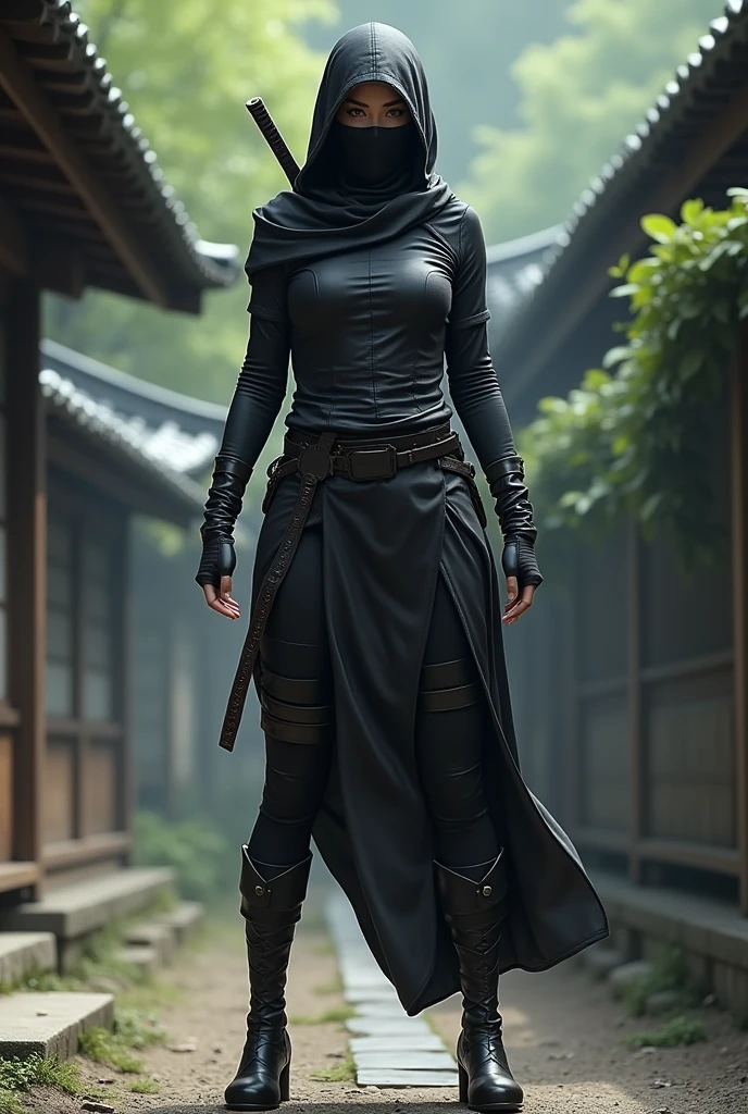 Create a female ninja, kitana, face covered, long boots, a scene from feudal Japan