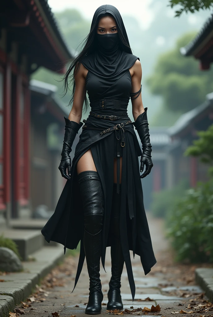 Create a female ninja, kitana, face covered, long boots, a scene from feudal Japan