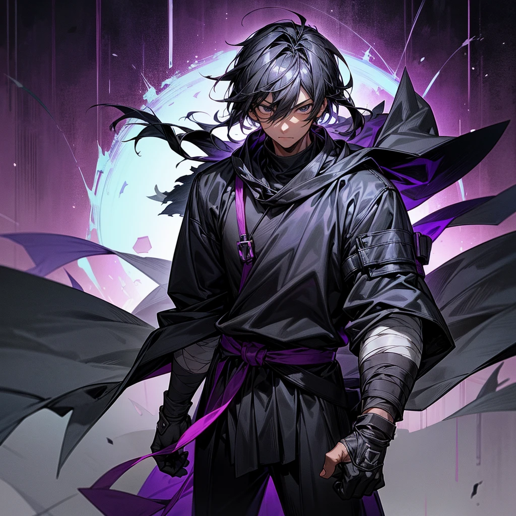 1male, adult male, finely detailed black eyes, black hair, medium length hair, darkskin, black bandages on arms, purple gloves, black and purple yukata, grey sweatshirt, serious experssion, night time, dark forest, standing on path, black armband