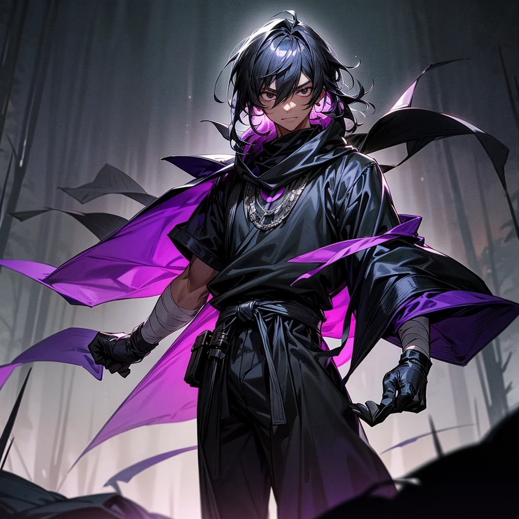 1male, adult male, finely detailed black eyes, black hair, medium length hair, darkskin, black bandages on arms, purple gloves, black and purple yukata, grey sweatshirt, serious experssion, night time, dark forest, standing on path, black armband