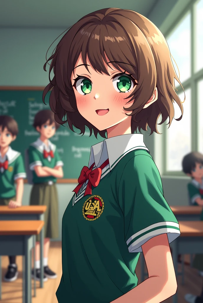 My Hero Academia Capture.
Girl with short brown wavy hair, with bangs. He has dark green eyes and has a happy expression.. He is wearing a UA uniform and has a school class in the background.