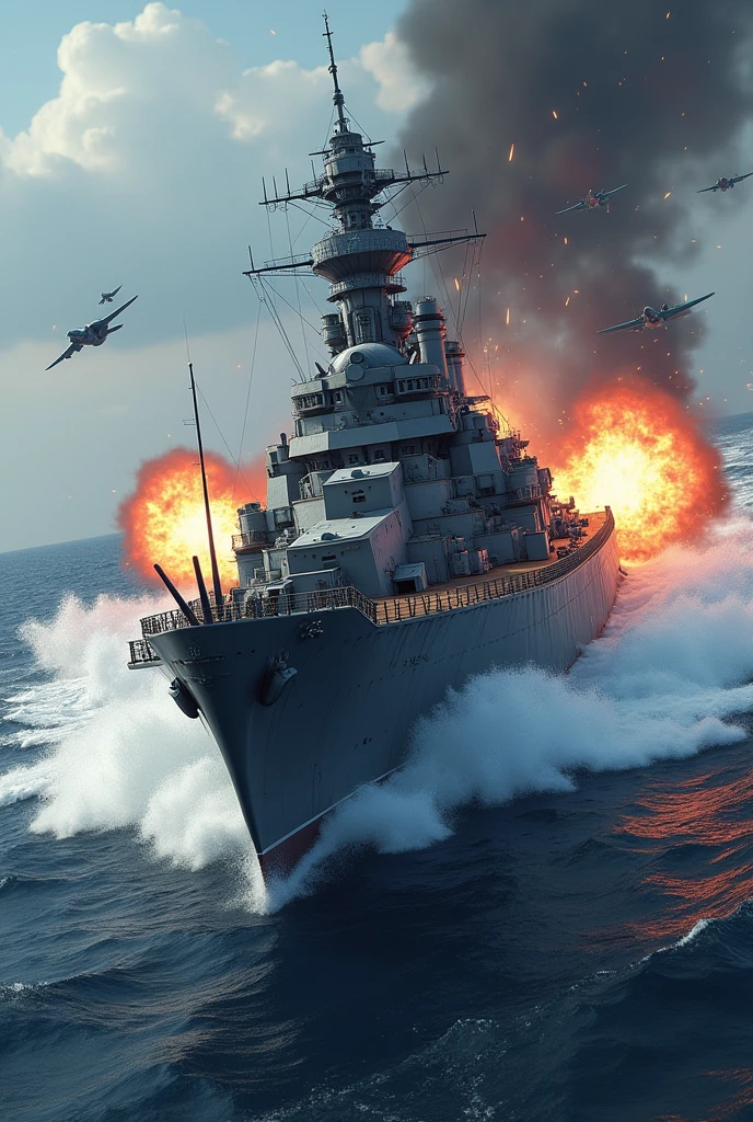 (photorealism:1.2), battleship bismark, attacking ships and planes, firing from the bow turrets, with view from the side, realistic image