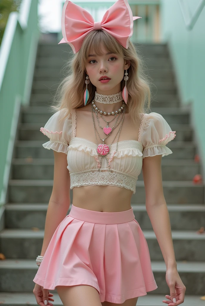 I walked down the stairs wearing an outfit inspired by my mother&#39;s aesthetic., Melanie Martinez. My baby pink pleated skirt moved softly with every step., Its mid-length and lace details gave it a delicate, retro touch.. The cropped top I chose had a babydoll style., with ruffles along the hem and a delicate bow at the front, in a contrasting shade of lilac that caught the eye.

My costume jewelry earrings were dangling, in the shape of colorful lollipops, giving a playful and fun air to the look. in the neck, wore a lace choker with a heart pendant, complemented by a layered necklace with small keys and padlocks. on hair, I attached a large pink satin bow and some butterfly clips, adding charm to the ensemble.

The pastel pink platform boots I wore, with buckle details, gave a rebellious touch to the clothes, while socks 3/4 ruffled tops completed the look with an air of playful sophistication. The result was a look that combined my mother&#39;s characteristic sweetness with a unique and personal touch..