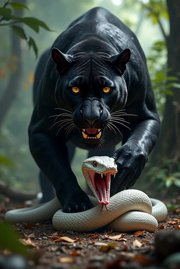 The black panther crushed the white king cobra under his feet eating