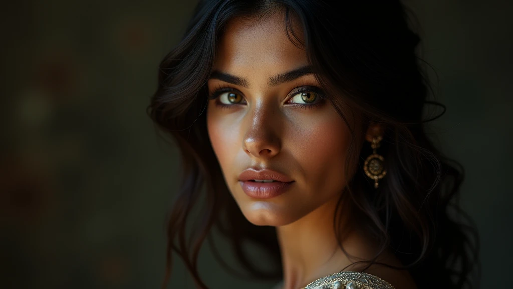 a beautiful mysterious Indian woman, Western fashion, intricate detailed face, piercing eyes, long eyelashes, delicate skin, natural beauty, flowing hair, candid elegant pose, dramatic lighting, cinematic mood, muted color palette, chiaroscuro lighting, high quality, photorealistic, 8k, intricate details, professional rendering