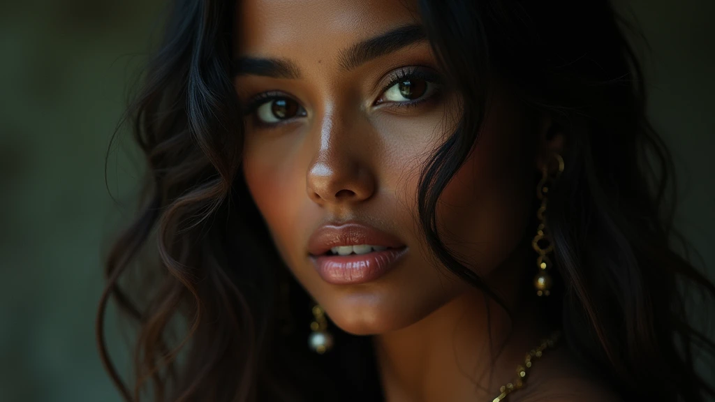 a beautiful mysterious Indian woman, Western fashion, intricate detailed face, piercing eyes, long eyelashes, delicate skin, natural beauty, flowing hair, candid elegant pose, dramatic lighting, cinematic mood, muted color palette, chiaroscuro lighting, high quality, photorealistic, 8k, intricate details, professional rendering
