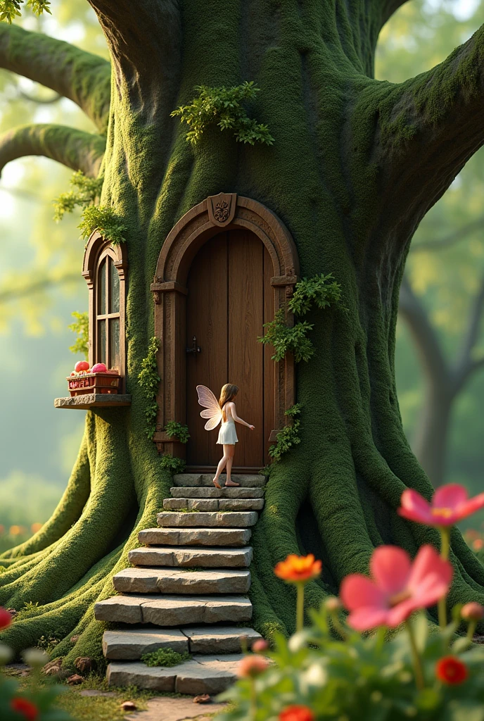 "A hyper-realistic treehouse embedded in a large, ancient tree, captured with the clarity and detail of iPhone photography. The tree is covered in lush green moss, and intricately carved wooden doors and windows are visible. Stone steps lead up the tree to a door at the top. The door is slightly open, revealing a small, ethereal fairy with delicate, translucent wings. The fairy is beautifully shy, with a soft, glowing aura, and she cautiously steps down the stairs, glancing towards the camera. The background features a serene garden with vibrant flowers and soft-focus greenery, giving the image a dreamy, natural atmosphere. The lighting is natural and warm, with the soft, diffused sunlight typical of an afternoon in a peaceful forest. Ultra-realistic textures, 8k resolution, photorealistic, iPhone photography style, shallow depth of field, cinematic composition, and high detail."
