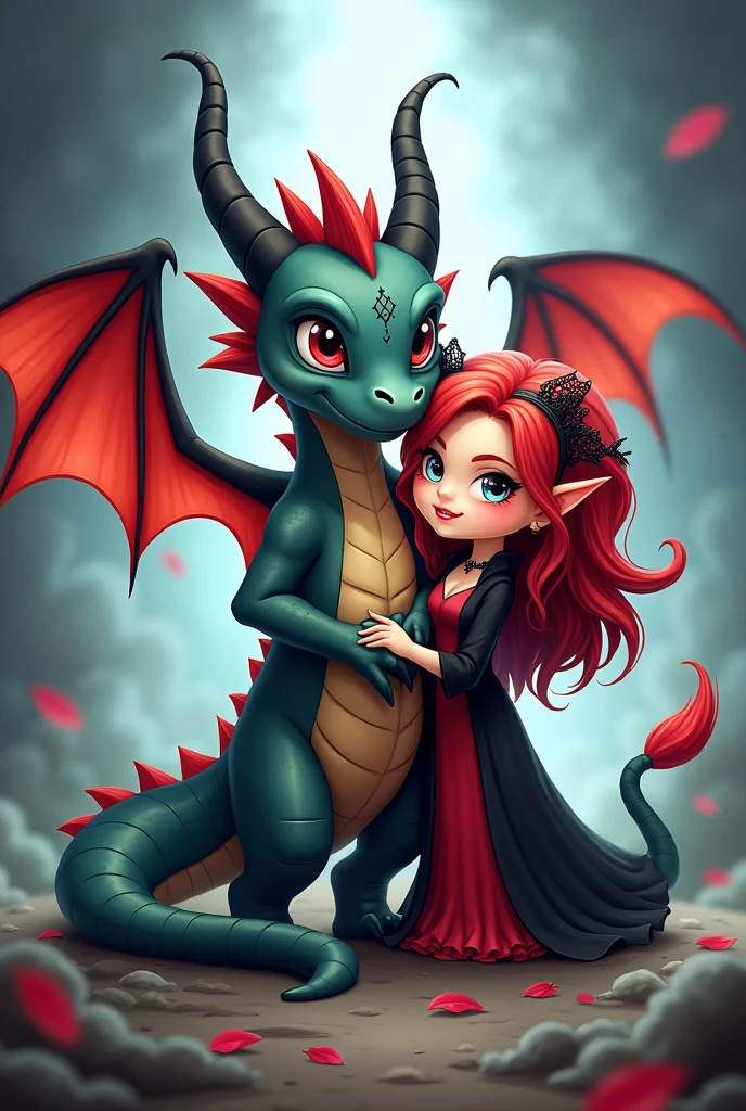 A male dragon with a long tail and large red wings along with a vampire with red hair and a gothic dress, both in chibi form