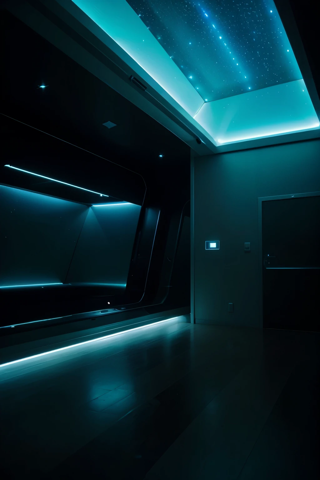 A well light room in a spaceship with a huge floor to ceiling window showing bright stars and black space.