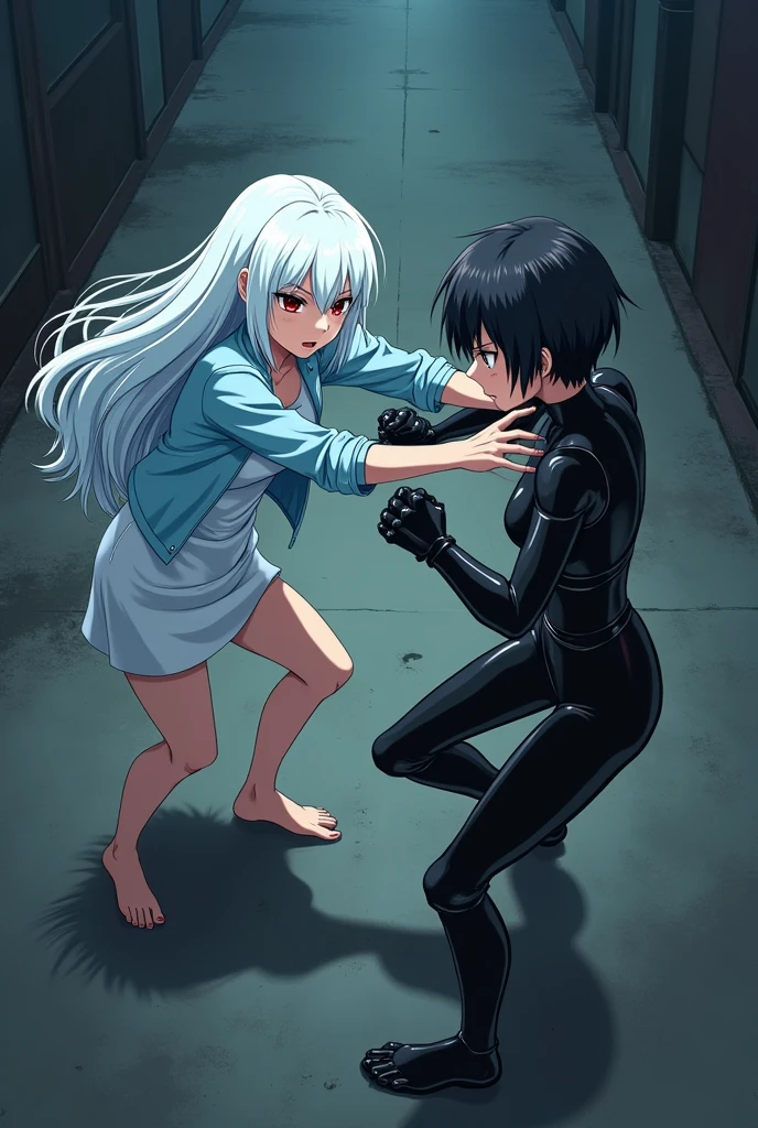 The image is anime style Darker than black with shadows and dim lights, anime style although somewhat adult and dark, It shows a scene of the roads of a city. In the image, an albino with long white hair and red eyes is fighting., She is wearing a short white dress and a light blue jacket and has bare feet., against a female android who has short black hair and a latex suit and one blue eye and the other brown. They fight bare-knuckle on the road. They are in combat stances. The image is focused from above, so you can barely see the fighters in question. Only they are in the picture. They are hitting each other very hard