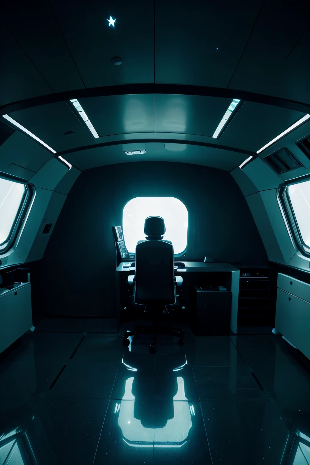 A well light room in a spaceship with a huge floor to ceiling window showing bright stars and black space.