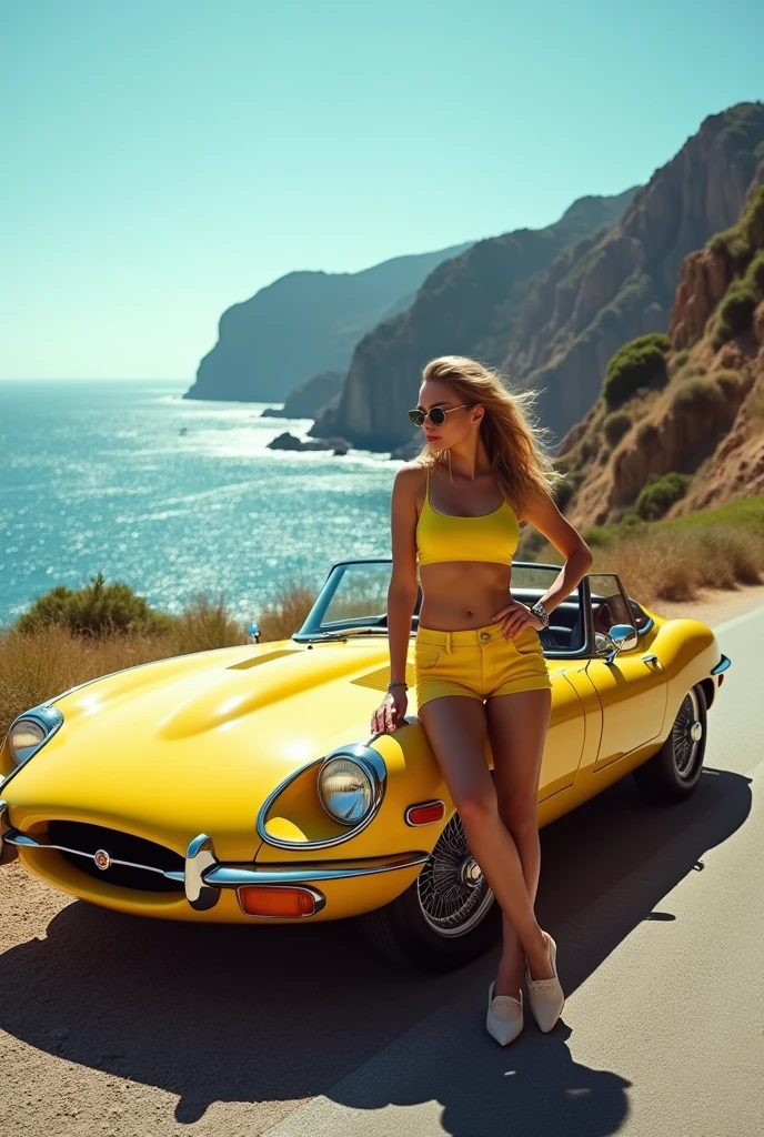 A confident woman leaning against a classic sports car parked along a scenic coastal road. She’s wearing a vibrant yellow crop top and high-waisted shorts, her posture casual yet striking. The background features the sparkling ocean, rugged cliffs, and a clear blue sky, all captured in high detail to create a glamorous and adventurous 