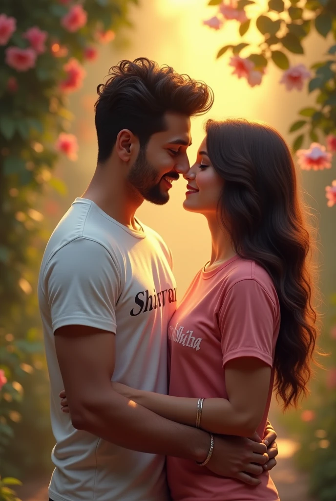 Male and female romancing there name shivam and girl name Akshita printed on t shirt 