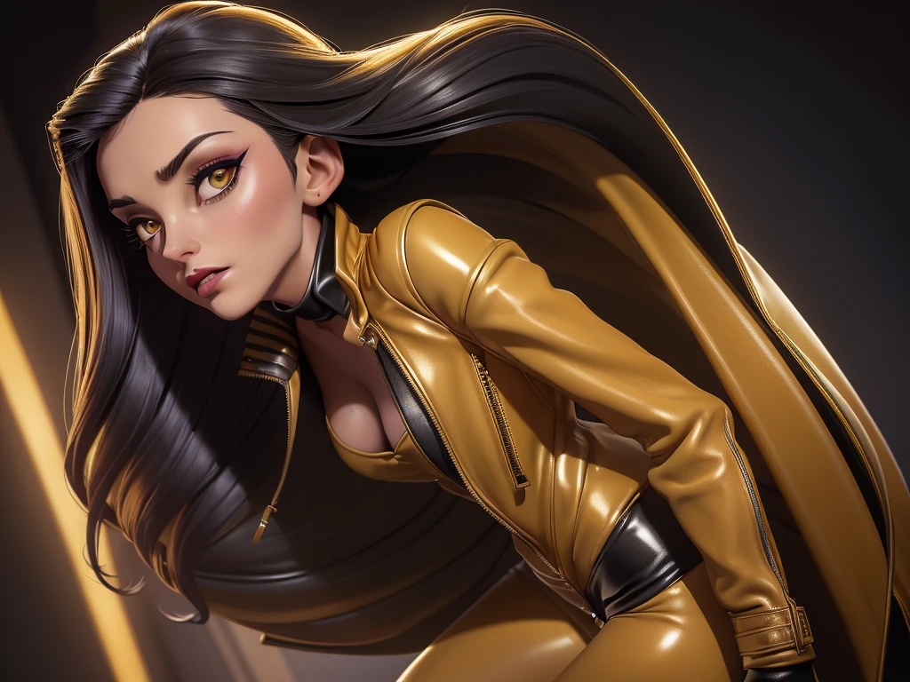 obra prima, melhor qualidade, ((only two women,)) ((carolyn jones as a vamp, dark tan skin, straight black vamp hair, heavy vamp makeup eye shadow,)) (((wearing thigh length dark yellow metallic leather jacket,))) (((jacket is zipped up, jacket covers waist and ass,))) ((jacket has stiff high collar,)) ((gold pvc gloves,)) body is very skinny, standing up, (((arched back, shoulders leaning way back, hips twisting, head tilted way back, chin up,))) ((camera side view, extreme closeup view of upper body,)) shallow depth of field, highres, HD, 8k, anatomically correct