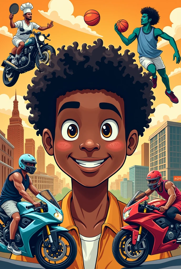 Create a collage with cartoons related to chefs, basketball, motorcycles and hotels with a young man with dark skin and curly hair