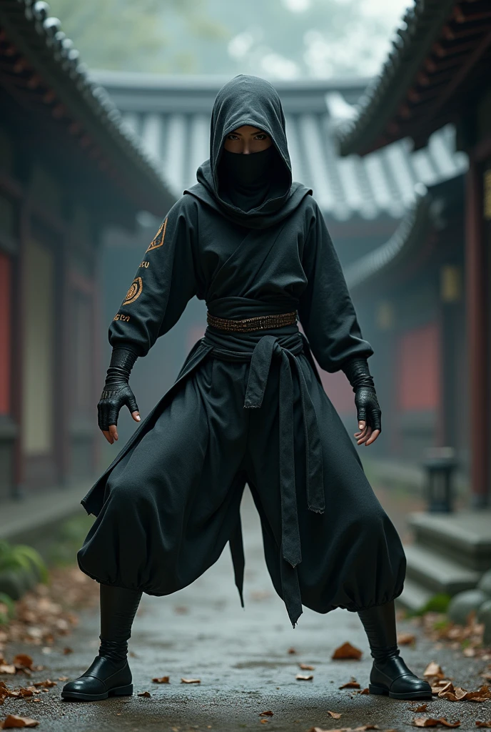 Create a female ninja, face covered, long boots, a scene from feudal Japan fighting stance