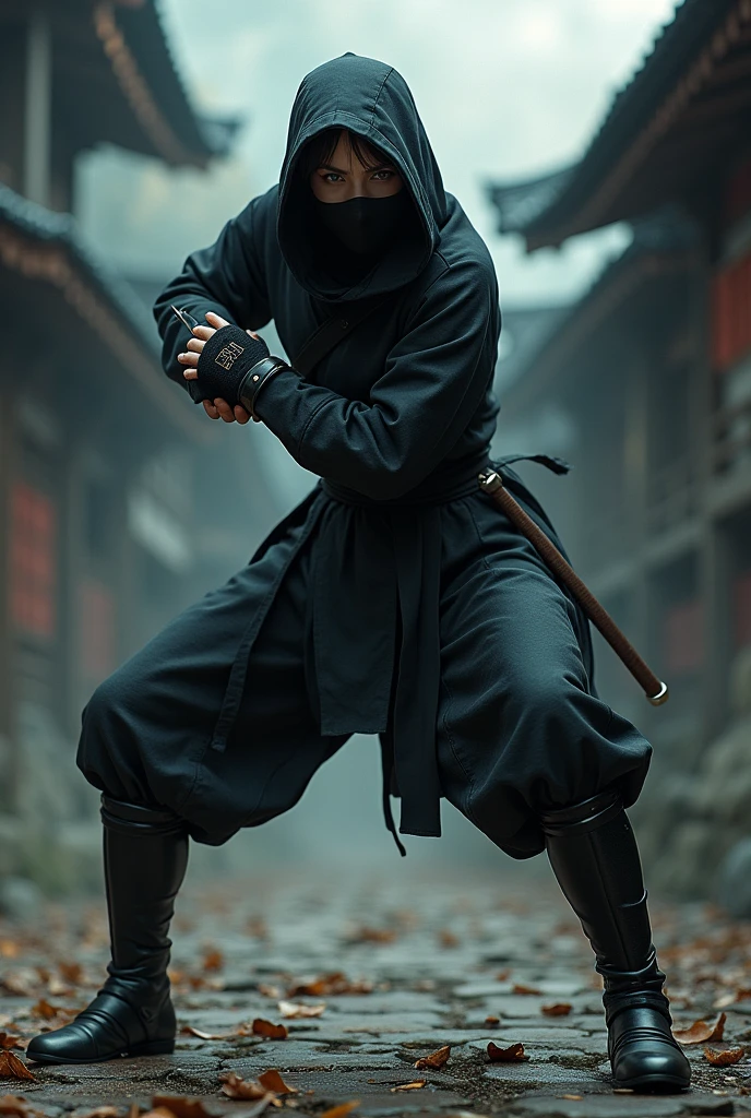 Create a female ninja, face covered, long boots, a scene from feudal Japan fighting stance