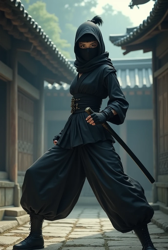 Create a female ninja, face covered, long boots, a scene from feudal Japan fighting stance