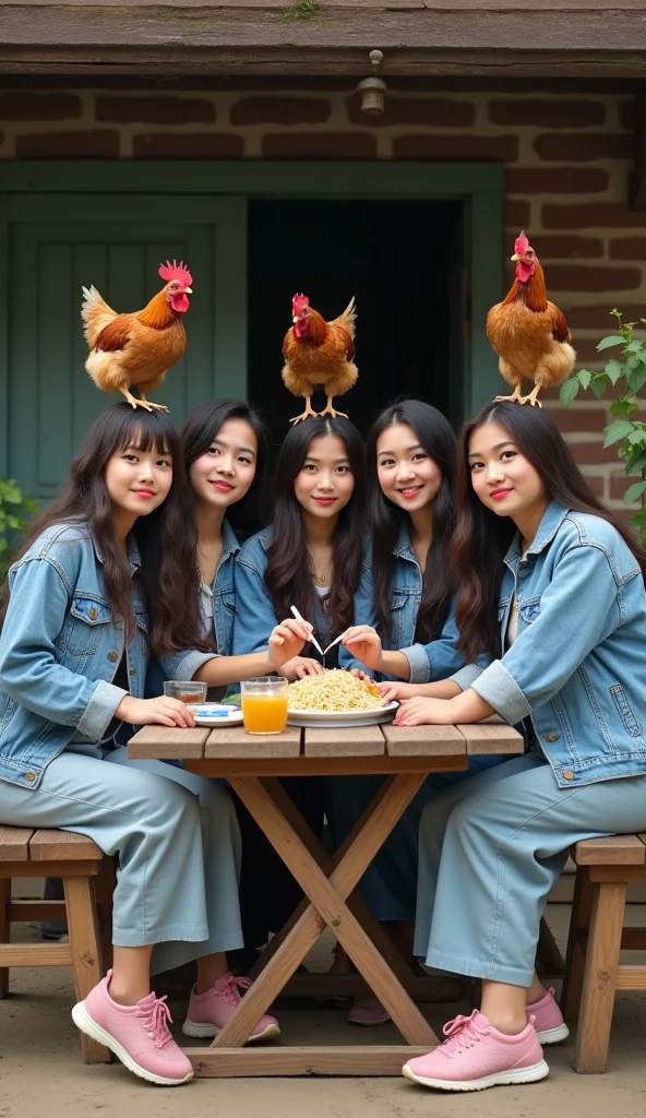 7 Beautiful Indonesian Women, his body is quite fat, fair skin, big nose, long wavy hair, wearing a denim jacket, long pants, wearing pink sneakers, sit down, eating position, on the table there is a plate of noodles and there are several free-range chickens standing on the woman's shoulders and head , happy faces all facing the camera, in front of the country house, morning mood, minimal defects, very detail, realistic, 8K picture