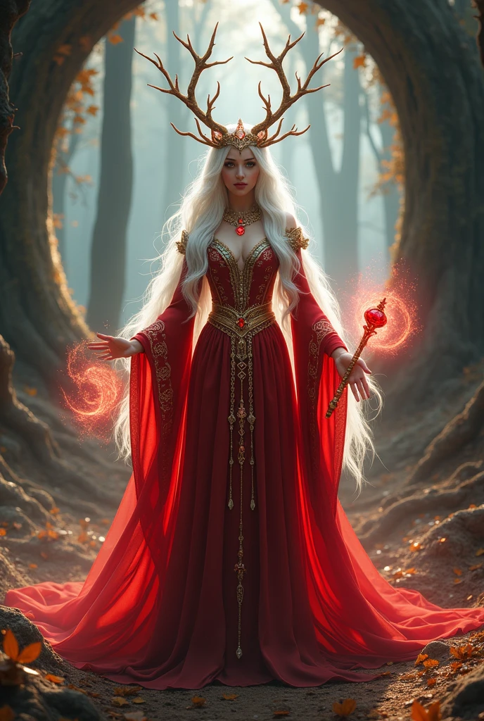 Create a full-body image of a powerful, ethereal forest queen standing majestically at the entrance to an ancient, enchanted grove in an autumnal forest. The character should be fully visible from head to toe, with an impeccable, realistic representation of her face and hands. She has long, flowing white hair and antler-like projections on her head, adorned with delicate, glowing runes that enhance her mystical presence. 

Her regal outfit consists of a flowing red gown with intricate gold trim and ornate patterns, emphasizing her majesty and otherworldly nature. The gown has elongated, tail-like extensions that radiate outward, adding to her mystical aura. She wears a crown made of intertwined vines and sparkling crystals, underscoring her deep connection to nature. Around her neck and wrists are elegant, glittering jewels that vibrate with a soft red light, perfectly complementing her gown.

In her left hand, she holds a magic wand topped with a radiant ruby, and her right hand emits a swirling red light that interacts with the environment, creating intricate patterns of magical energy. Her hands are carefully detailed, with lifelike textures and delicate gestures that convey her commanding presence. 

The setting is an enchanted forest with towering gray trees, softly illuminated by a magical light. She stands at the entrance to an ancient grove, surrounded by fallen leaves and an enchanted mist swirling around her feet. Her eyes glow with an intense red light, further enhancing her powerful, mysterious aura. The atmosphere blends serene yet powerful beauty with the mystical elements of nature, capturing the ethereal presence of the figure. The composition is cinematic, ensuring a full-body view with a focus on flawless details, trending on ArtStation.
