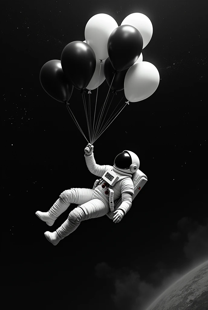 astronaut in space floating is space with black and white balloons in his hand, there are stars behind him in background, there are also space clouds