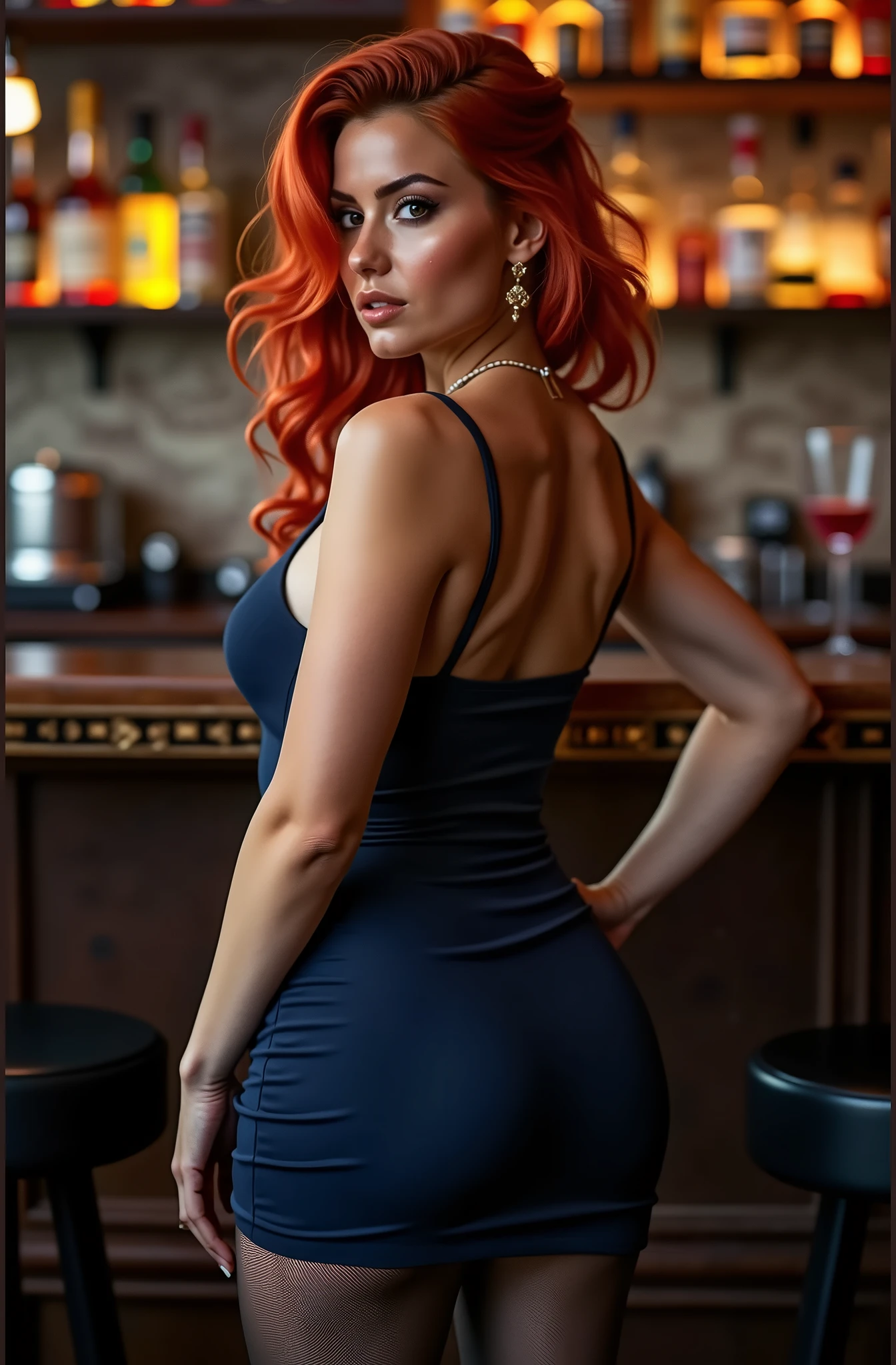 Canadian woman, , black Redhead hair side hairstyle, Big bust, posing from Back in photo in fullbody, Very open and sleeveless Dark blue bustie dress, black pantyhose, high heels, standing in a Bar, detailed face