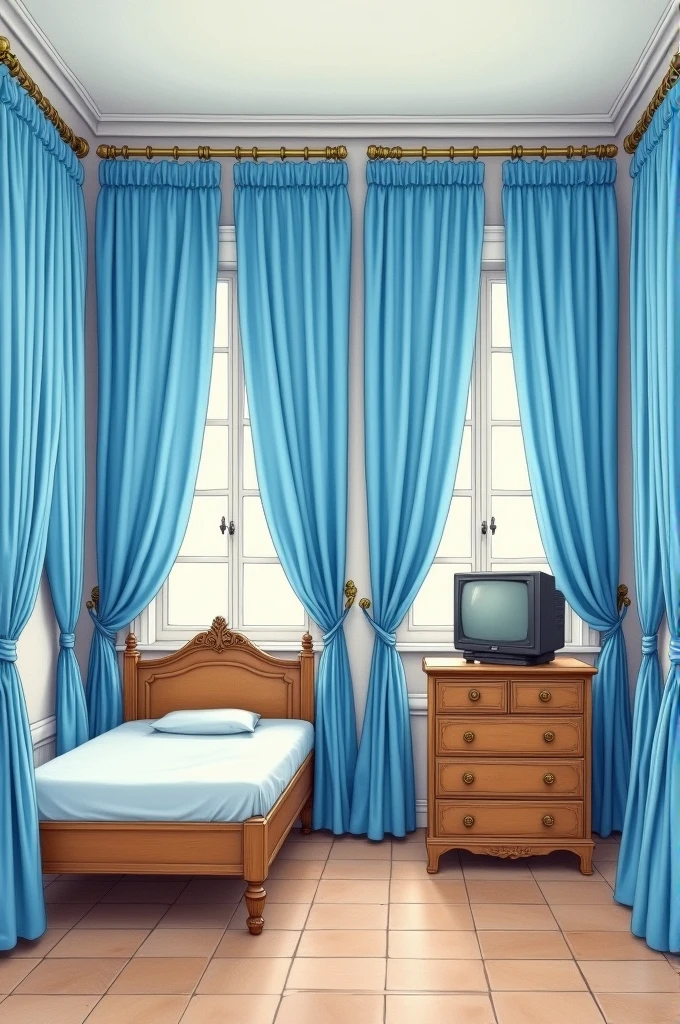 Please draw a realistic room measuring 3 meters by 3 meters.
On each wall, place exactly three sky-blue curtains, all of the same size. The curtains should be perfectly organized and closed, completely covering the walls behind them. There should be no windows or any other details behind the curtains, only the walls.
In one corner of the room, place a simple bed with an antique wooden headboard. The headboard should be against the back wall, and the left side of the bed should be against the left wall.
On the wall directly in front of the bed, place a rack with six drawers, positioned horizontally in the middle of the wall. On top of the rack, place an old tube television.
The floor should be made of old, brownish tiles.
Do not add any details other than those described. Be precise with the quantities and placements specified: exactly three curtains on each wall, no windows, and no additional items.