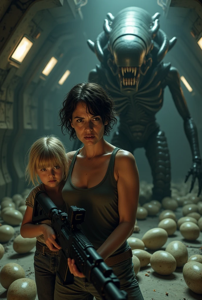 Generate a woman with short curly hair, in a tank top, and she is with a little blonde girl in old clothes, the woman is holding a machine gun, and she is sweaty, and she is in a dark spaceship, which is full of eggs stuck together on the ground, and behind him is a big skinny xenomorph alien, he is black and has sharp teeth