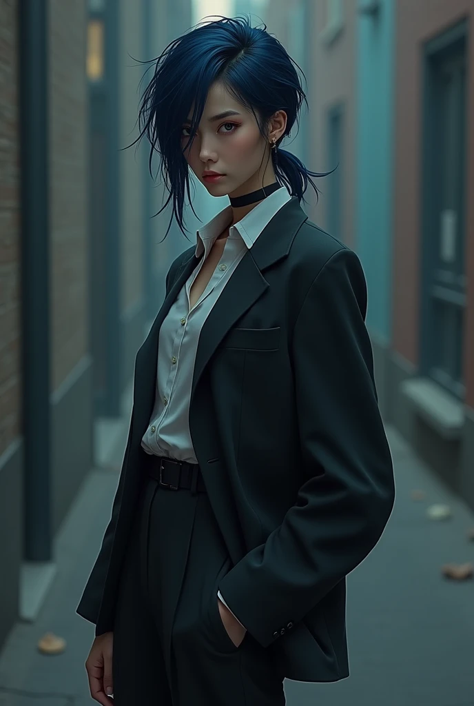 2D, androgynous, flat chest, pallete of dark colors, hair tied into low ponytail, jellyfish haircut, tan skin, very deep dark blue hair, casual formal outfit, photographer