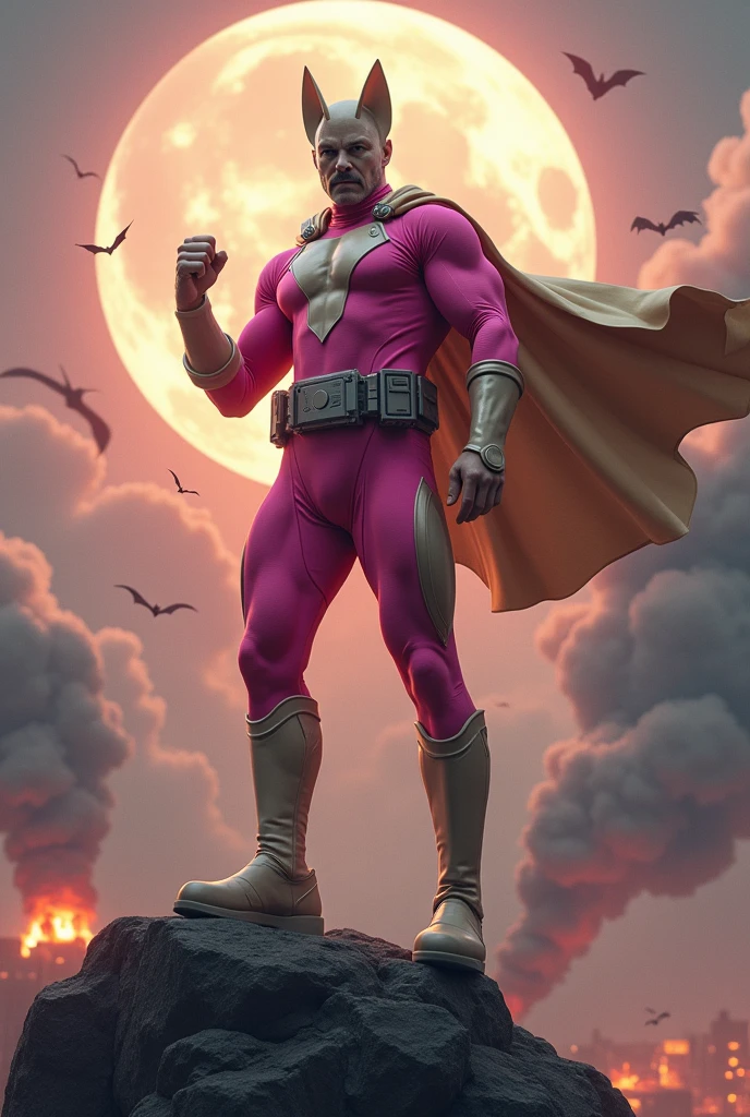 Close up portrait . Malaysia man in high-tech suit, vivid effects, malaysian superhero(( (KELUANG MAN))(( in a jumpsuit spandex pink and brown beige costume cyberpunk design reverse color((white eyes hero((, mask small mini bat ear beige,))(( beige bat mask domino beige cover head helmet))jumpsuit dark pink stands confidently in a dramatic.jumping from high place.hero costume.one hand rise up. Kicking air . (Small punisher in triangle shape on chest.). jumping from hight place. Fighting pose , stormy landscape., athletic body type, small mini ear bat mask))The character wears domino mask a helmet with pointed mini torn ears and a flowing cape biege, open nose and mouth. Equipped with visible futuristic weapons on a belt,bullet proof jacket pink dark day.show fingers pose, dark night, big supermoon effect . Small logo on chest triangle shape small ((mitch gerads punisher ) )). rocky. Building top.smoke ground , bomb effect background((, losse pants, losses costume.))beige bootsadding to --ar 3:4 --style raw --stylize 500 --v 6.1. chaos. Lot of small flying bat.two Hand ride up , open legs up one leg down in standby for jumping in high place. One leg on the high stone. Man. Backpack . Real man age 40 year old. One hand holding belt. Jump from high place. Open cape.two hand holding pistol